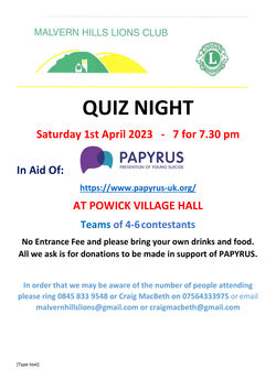 Malvern Hills Lions Club Quiz Night